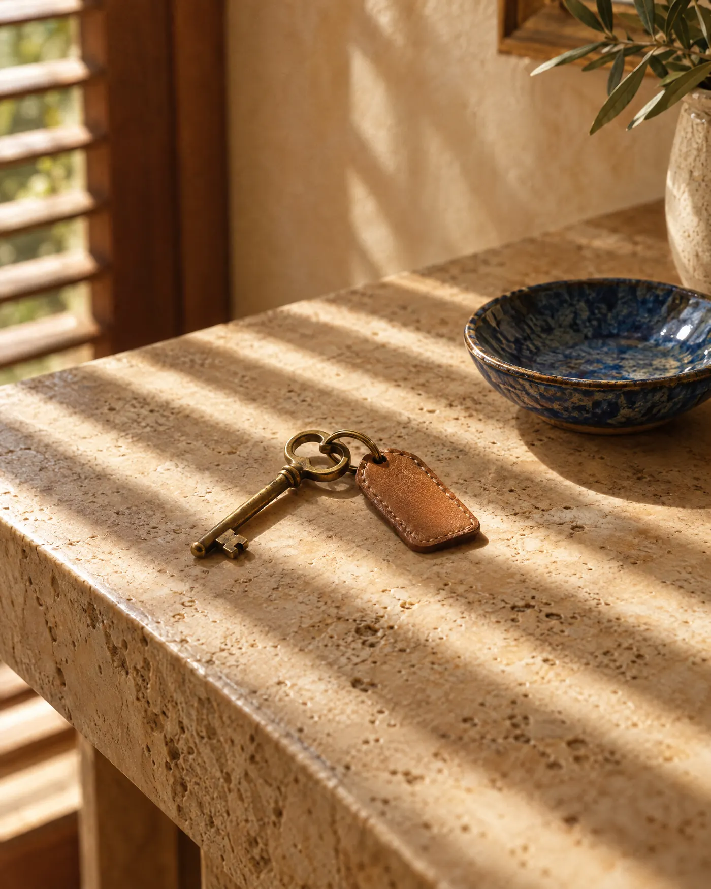 A brass key resting on a travertine console, light filtering through shutters